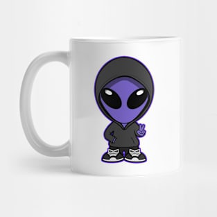 Hooded Space Alien Peace Hand Sign Purple Mug